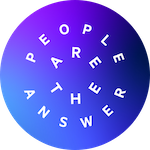 People are the answer logo with white font and an ombre of purples and blues in a circular background.